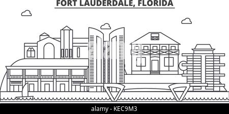 Fort Lauderdale, Florida Architektur Linie skyline Abbildung. linear vector Stadtbild mit berühmten Wahrzeichen und Sehenswürdigkeiten der Stadt, Design Icons. Landschaft mit editierbaren Anschläge Stock Vektor