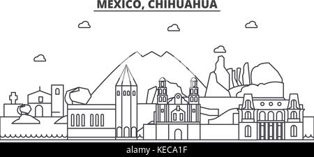 Mexiko, Chihuahua Architektur Linie skyline Abbildung. linear vector Stadtbild mit berühmten Wahrzeichen und Sehenswürdigkeiten der Stadt, Design Icons. Landschaft mit editierbaren Anschläge Stock Vektor