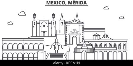 Mexiko, Merida Architektur Linie skyline Abbildung. linear vector Stadtbild mit berühmten Wahrzeichen und Sehenswürdigkeiten der Stadt, Design Icons. bearbeitbaren Anschläge Stock Vektor
