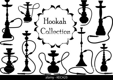 Shisha Symbol schwarze Silhouette, umriss Stil. Arabische wasserpfeifen Sammlung der Designelemente, Logo auf weissem Hintergrund. Lounge Bar logos Konzept. Vector Illustration. Stock Vektor