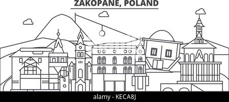 Polen, Zakopane Architektur Linie skyline Abbildung. linear vector Stadtbild mit berühmten Wahrzeichen und Sehenswürdigkeiten der Stadt, Design Icons. Landschaft mit editierbaren Anschläge Stock Vektor