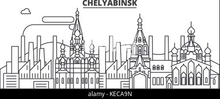 Russland, tscheljabinsk Architektur Linie skyline Abbildung. linear vector Stadtbild mit berühmten Wahrzeichen und Sehenswürdigkeiten der Stadt, Design Icons. Landschaft mit editierbaren Anschläge Stock Vektor