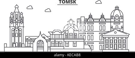 Russland tomsk Architektur Linie skyline Abbildung. linear vector Stadtbild mit berühmten Wahrzeichen und Sehenswürdigkeiten der Stadt, Design Icons. Landschaft mit editierbaren Anschläge Stock Vektor