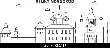 Russland, Veliki Nowgorod Architektur Linie skyline Abbildung. linear vector Stadtbild mit berühmten Wahrzeichen und Sehenswürdigkeiten der Stadt, Design Icons. Landschaft mit editierbaren Anschläge Stock Vektor