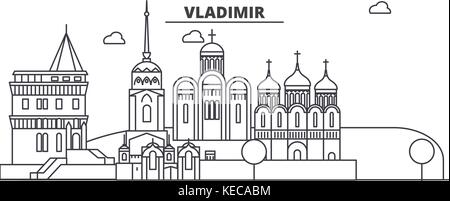 Russland, Wladimir Architektur Linie skyline Abbildung. linear vector Stadtbild mit berühmten Wahrzeichen und Sehenswürdigkeiten der Stadt, Design Icons. Landschaft mit editierbaren Anschläge Stock Vektor