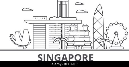 Singapur Architektur Linie skyline Abbildung. linear vector Stadtbild mit berühmten Wahrzeichen und Sehenswürdigkeiten der Stadt, Design Icons. Landschaft mit editierbaren Anschläge Stock Vektor
