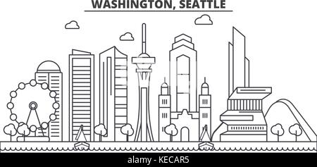 Washington, Seattle Architektur Linie skyline Abbildung. linear vector Stadtbild mit berühmten Wahrzeichen und Sehenswürdigkeiten der Stadt, Design Icons. Landschaft mit editierbaren Anschläge Stock Vektor