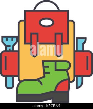 Abenteuer, Rucksack, Aktiv Reisen, Camping, Stiefel Konzept. linie Vektor icon. bearbeitbaren Schlaganfall. Flachbild lineare Abbildung auf weißem Hintergrund Stock Vektor