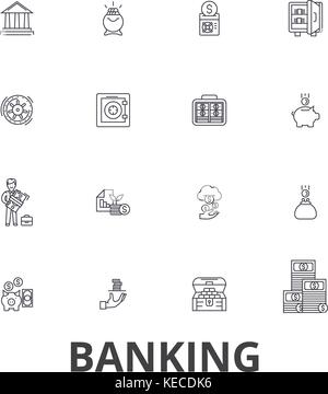 Banking, ank Gebäude, Finanzen, Geld, Bankier, Sparschwein, Business, Kreditkarte Zeile für Symbole. bearbeitbaren Anschläge. flache Design Vector illustration symbol Konzept. lineare Zeichen isoliert Stock Vektor