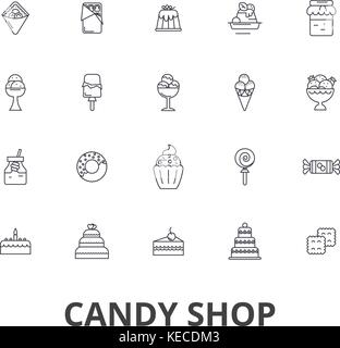 Candy shop, Candy Store, Sweet Shop, Schokoriegel, Lutscher, Einkaufen, Eis Zeile für Symbole. bearbeitbaren Anschläge. flache Design Vector illustration symbol Konzept. lineare Zeichen isoliert Stock Vektor