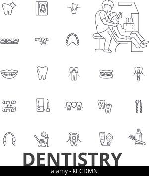 Zahnheilkunde, Zahnarzt, Dental, Zahnpflege, Zahnarzt, Zähne, Lächeln, Zeile für Symbole Implantat. bearbeitbaren Anschläge. flache Design Vector illustration symbol Konzept. lineare Zeichen isoliert Stock Vektor