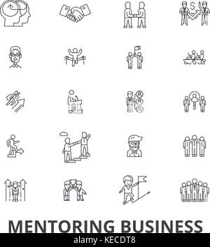 Mentoring Business, Mentor, Coaching, Business, Ausbildung, Hilfe, Teamarbeit Zeile für Symbole. bearbeitbaren Anschläge. flache Design Vector illustration symbol Konzept. lineare Zeichen isoliert Stock Vektor