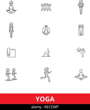 Yoga, Meditation, Fitness, Posen, Übung, Zen, Gym, Spa, Zeile für Symbole entspannen. bearbeitbaren Anschläge. flache Design Vector illustration symbol Konzept. lineare Zeichen auf weißem Hintergrund Stock Vektor