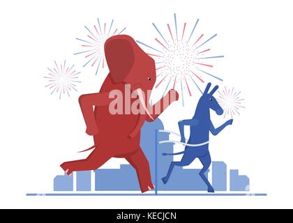 Die usa Wahlen Ergebnis Abbildung. demokratischen Esel und republikanischen Elefant Wettbewerb führen. Stock Vektor