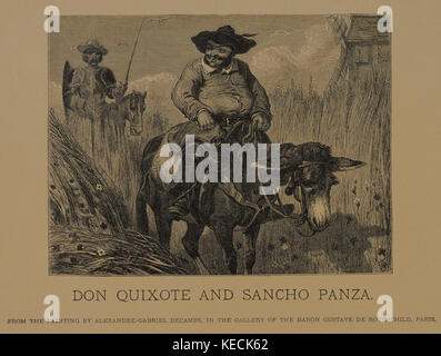 Don Quichotte und Sancho Pansa, Holzschnitt Kupferstich aus dem ursprünglichen Anstrich von Alexandre - Gabriel decamps, die Meisterwerke der französischen Kunst von Louis Viardot, von Tiefdruck goupil et Cie, Paris, 1882, gebbie & Co., Philadelphia, 1883 veröffentlicht. Stockfoto