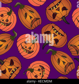 Halloween Kürbisse, Hand gezeichnet Doodle, Skizze im Pop Art Stil, nahtlose Muster auf lila Hintergrund Stockfoto