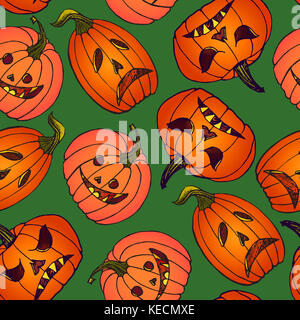 Halloween Kürbisse, Hand gezeichnet Doodle, Skizze im Pop Art Stil, nahtlose Muster auf grünem Hintergrund Stockfoto