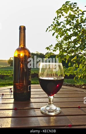 Glas Rotwein mit offenen Flasche und roten Beeren auf hölzernen Tisch mit grünen Feldern, Bush und den Sonnenuntergang im Hintergrund Stockfoto