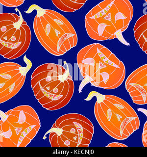 Halloween Kürbisse, Hand gezeichnet doodle Skizze im Pop Art Stil, weißer Umriss, nahtlose Muster auf blauem Hintergrund Stockfoto