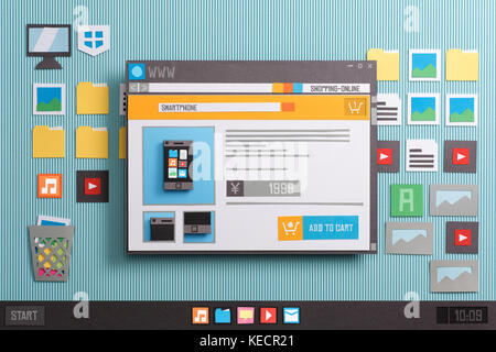Online shopping Website mit Bildern und Preis in einem Anzeigefenster, Collage und Papier schneiden Zusammensetzung Stockfoto