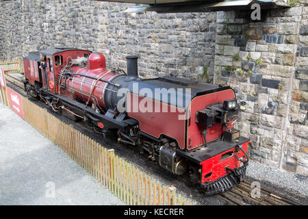 Dampfzug in Caernarfon auf festinioc und Welsh Highland Railway, Wales, Großbritannien Stockfoto