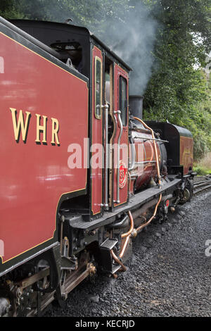 Dampfzug in Caernarfon auf festinioc und Welsh Highland Railway, Wales, Großbritannien Stockfoto