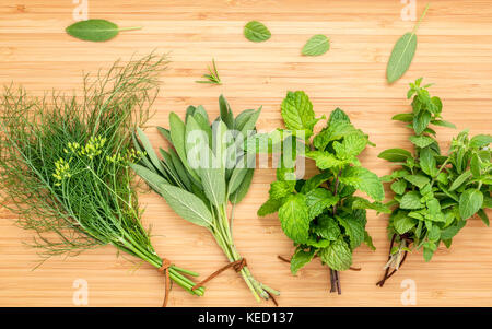 Verschiedene Kräuter und Gewürze aus dem Garten grüne Minze, Fenchel, Rosmarin, Oregano, Salbei, Zitrone, Thymian und Pfefferminze auf alten hölzernen Hintergrund. Stockfoto