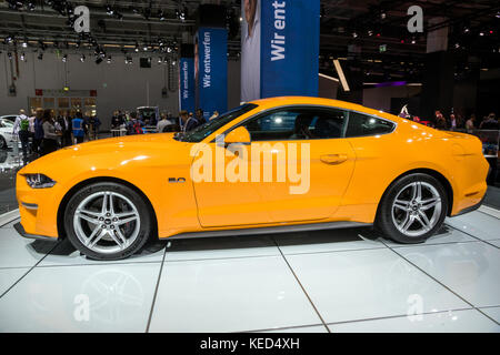 FRANKFURT, Deutschland - 13.SEPTEMBER 2017: 2018 Ford Mustang GT-Sportwagen auf der Frankfurter Automobilausstellung IAA 2017. Stockfoto