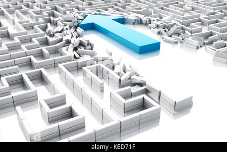 3d-Abbildung. Blauer Pfeil nach unten bricht die Wände im Labyrinth. Unerwartete Lösungen Konzept. isoliert weißer Hintergrund Stockfoto