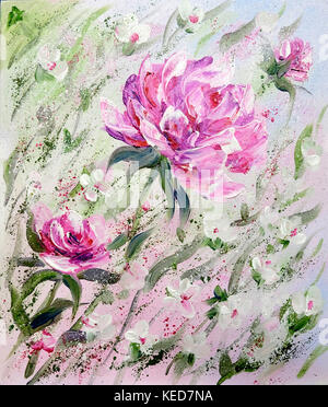 Von Hand bemalt, modernen Stil rosa Pfingstrosen Blumen. Stockfoto