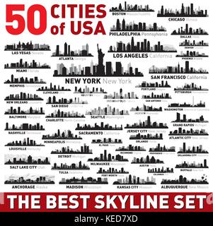 Super Skyline der Stadt. 50 Vektor Stadt Silhouetten der USA Stock Vektor