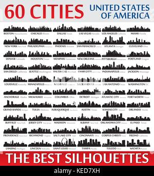 Unglaubliche Skyline. 60 Stadt Silhouetten der Vereinigten Staaten von Amerika Stock Vektor