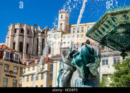 Lissabon Portugal, Rossio-Platz, Pedro IV-Platz, Brunnen, Statue, Aussicht, Carmo-Ruinen, Hispanic, Einwanderer, Portugiesisch, PT170629075 Stockfoto