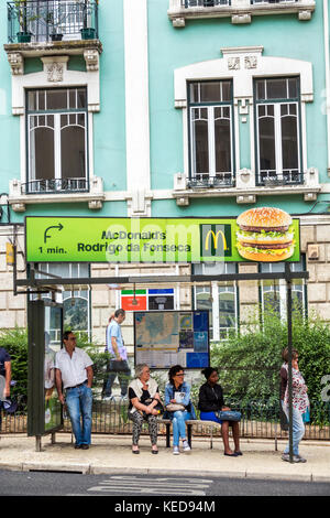 Lissabon Portugal, Rua Braamcamp, Bushaltestelle, Tierheim, Bank, Mann Männer männlich, Frau weibliche Frauen, warten, ad, McDonald's, Restaurant Restaurants Essen Essen Café cf Stockfoto