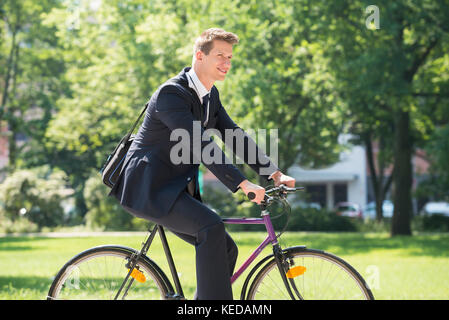 Glückliche junge männliche Geschäftsmann Reiten Fahrrad im Park Stockfoto