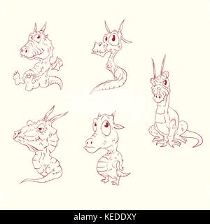 Sammlung von Linie zeichnen von Vektorgrafiken von Baby Drachen Stock Vektor