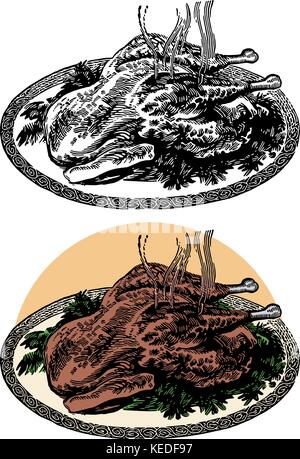 Ein warmes Türkei auf einer Servierplatte für Thanksgiving Dinner. Stock Vektor