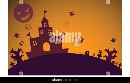 Halloween Thema Hintergrund mit Ghost bat aus Haunted House und Vollmond für Illustrator Grafik Design Konzept Stock Vektor