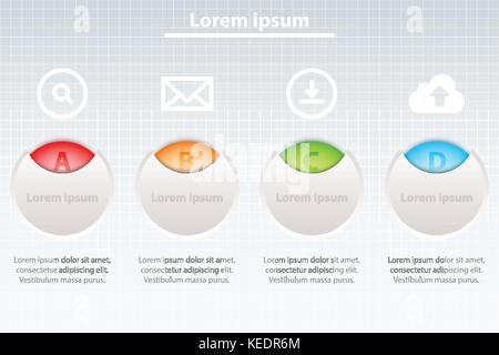 Vier bunte Themen in 3d Kreise mit weißen Icons für die Präsentation der Website cover Poster vektor design Infografik Abbildung: Konzept Stock Vektor