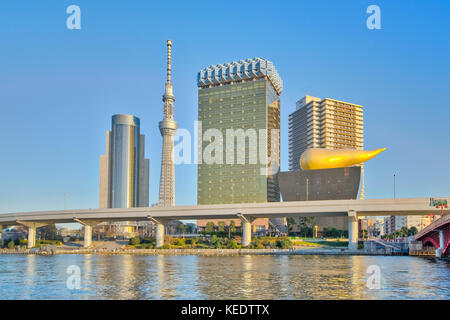 Skyline von Tokyo, Japan auf dem Sumida-Fluss. Stockfoto