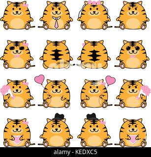 Lovely cute couple cartoon tiger collection set with variety charactor isolate vector icon Stock Vektor