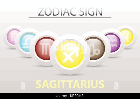Horoskop Astrologie Sternzeichen Symbol der Schütze auf Sequenz mit 3d Einfache weiße Taste, Papier und Schatten fallen in Graphic design Symbol Vektor Stock Vektor