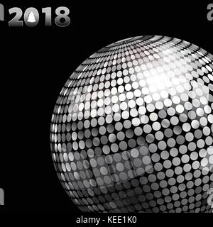3d-Abbildung: silber Disco ball und 2018 20 18 in silber Zahlen mit Baum über schwarzen Hintergrund Stock Vektor