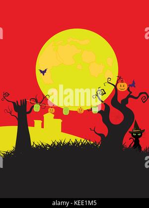 Cartoons style halloween Hintergrund mit creepy Baum Katze mond Friedhof und Laternen. Stock Vektor