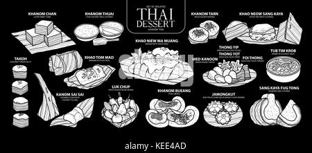 Eingestellt von isolierten weißen Silhouette thailändisches Dessert in 14 Menü. cute Hand gezeichnet Essen Vector Illustration in weißen Ebene (keine Umrandung) auf schwarzem Hintergrund. Stock Vektor