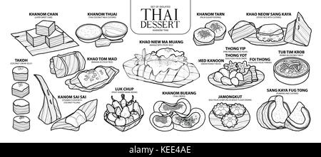 Eingestellt von isolierten thailändisches Dessert in 14 Menü. cute Hand gezeichnet Essen Vector Illustration in schwarzer Umriss und weißen Ebene auf weißem Hintergrund. Stock Vektor