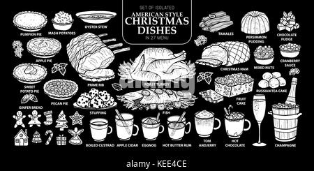 Eingestellt von isolierten weißen Silhouette traditionellen amerikanischen Stil weihnachten Gerichte in 27 Menü. cute Hand gezeichnet Essen Vector Illustration in weiße Ebene und n Stock Vektor