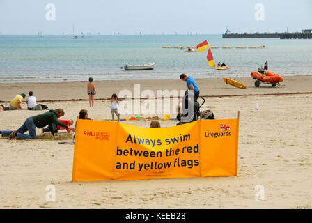 Warnhinweis am Strand, um zwischen roten und gelben Flaggen zu schwimmen Stockfoto