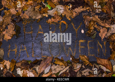 Die Phrase happy halloween Aus dem Fruchtfleisch von einem Kürbis geschrieben und durch Laub umgeben. Stockfoto