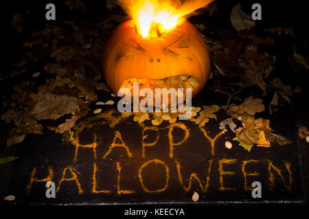Einen geschnitzten Kürbis schaut zu erbrechen die Phrase happy halloween werden aus der Zellstoff durch Blätter mit Feuer ausbrechenden aus seinem Kopf umgeben Stockfoto